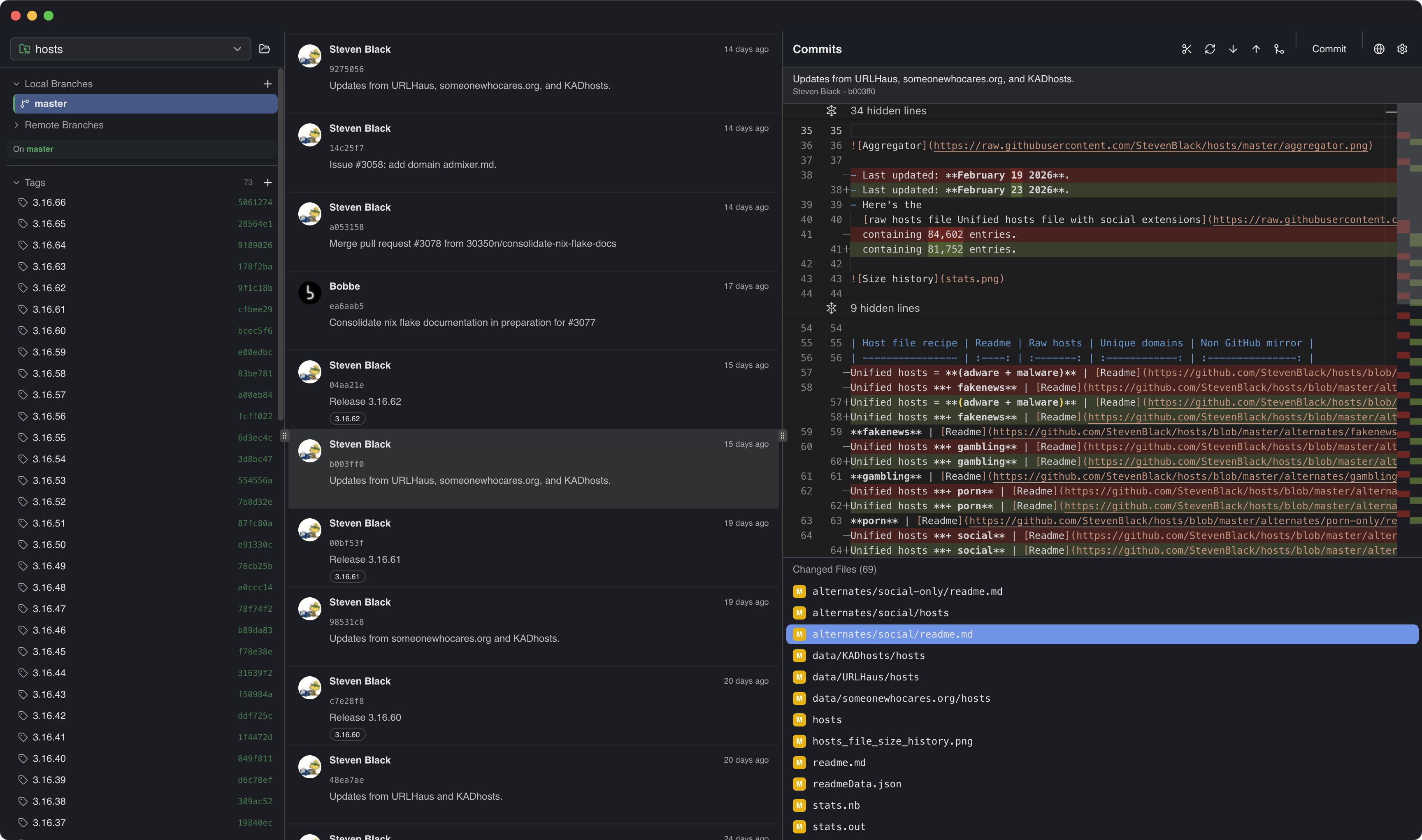 BetterGit interface showing branches, commit history, and diff view